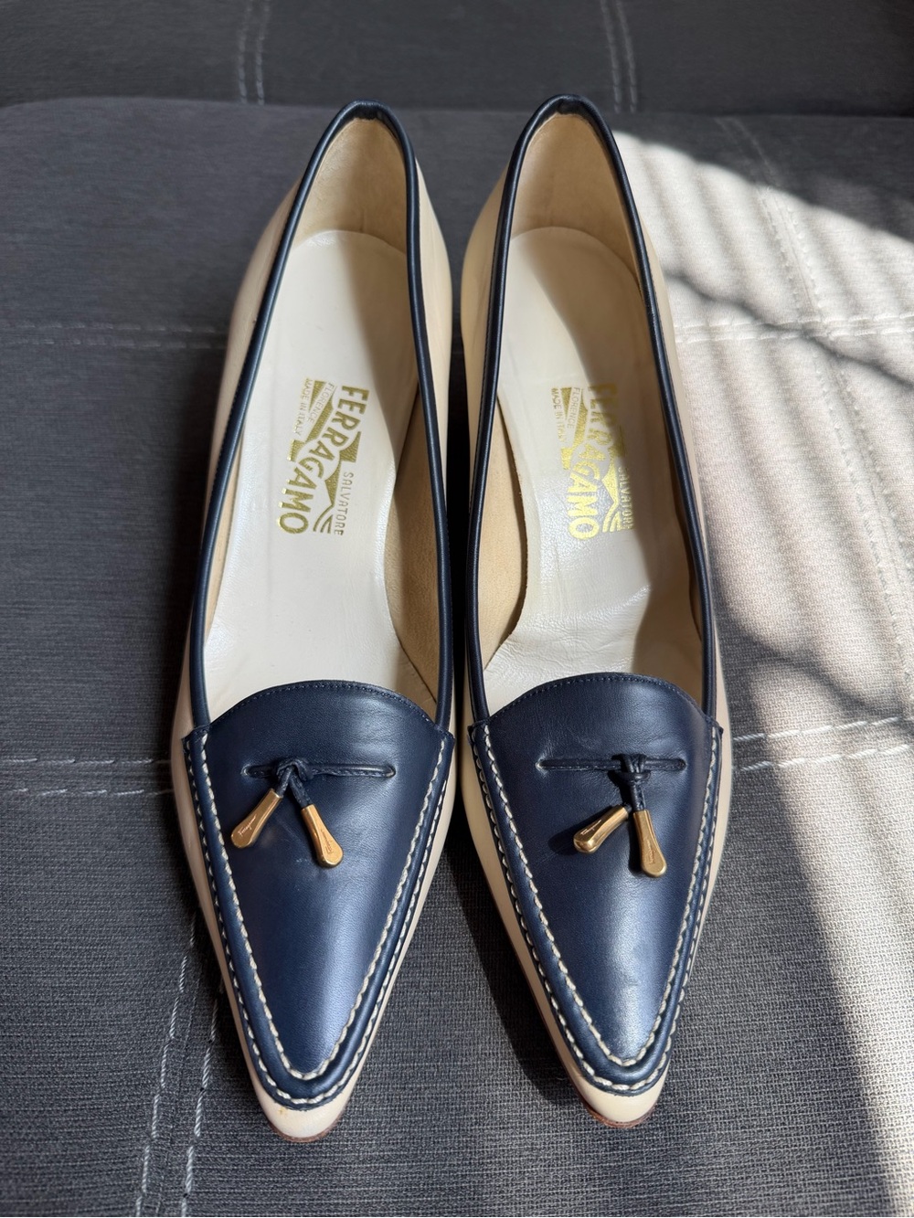 Salvatore Ferragamo Navy and Cream Leather Pointed Loafers with Tassel Accents